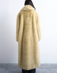 Model wearing Faux fur super long oversized shawl coat in buttermilk
