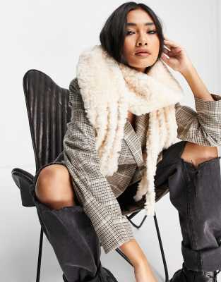 Topshop faux fur tassle scarf in cream