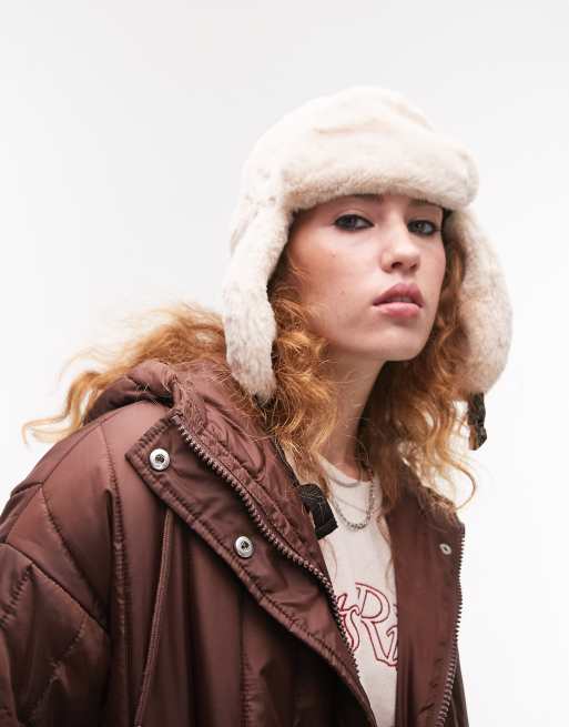 faux fur trapper hat in cream ASOS