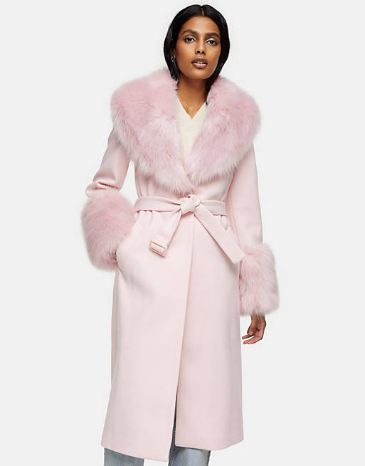 Top Faux Fur Trim Coat In Pink Asos, Pink Coat With Faux Fur Collar