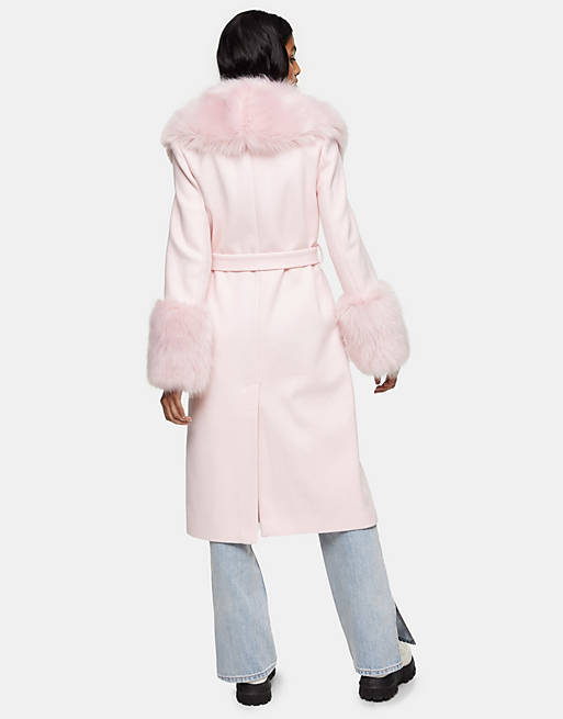 Top Faux Fur Trim Coat In Pink Asos, Faux Fur Trim Coat Pink