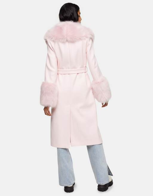 TOPSHOP Faux Fur Trim Coat in Pink