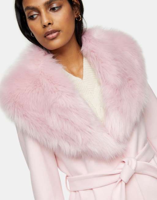 TOPSHOP Faux Fur Trim Coat in Pink