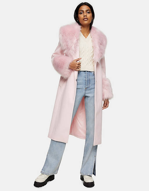 Top Faux Fur Trim Coat In Pink Asos, Pink Coat With Faux Fur Collar And Cuffs