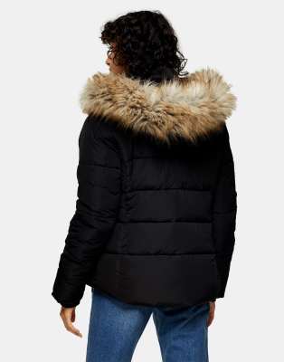 black puffer coat with fur trim