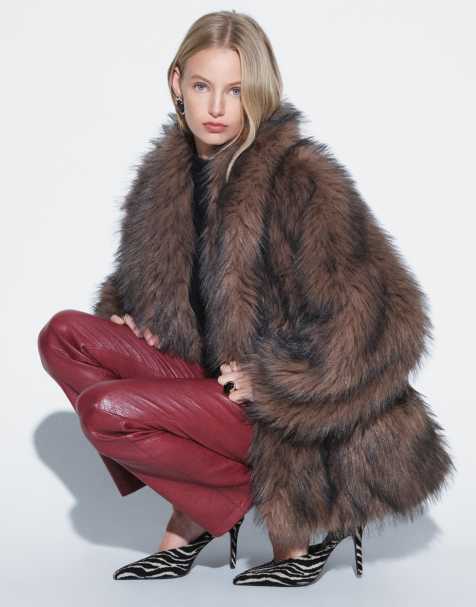 Topshop faux-fur veste mi-longue style châle en marron clair - view 1