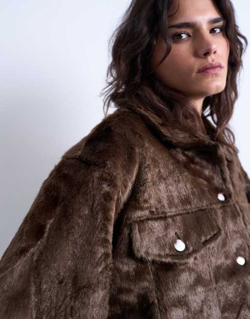 Topshop faux fur western trucker jacket in brown, 2 of 4
