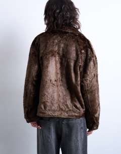 Model wearing Faux fur western trucker jacket in brown