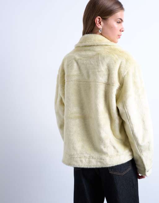 Topshop faux fur western trucker jacket in buttermilk, 4 of 4