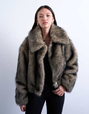 Topshop Faux Fur Zip Through Bomber Jacket In Gray