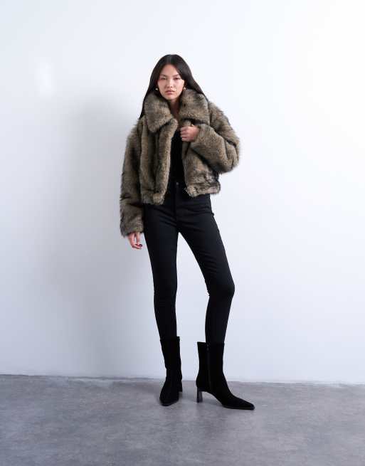 Topshop faux fur zip through bomber jacket in natural, 3 of 4