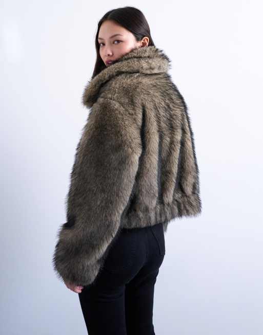 Topshop faux fur zip through bomber jacket in natural