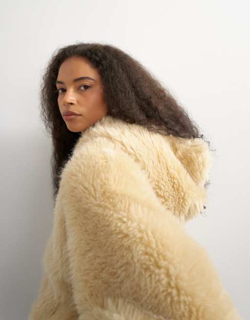 Topshop faux fur zip through hooded jacket in cream, 2 of 4