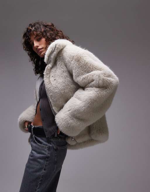 Topshop faux fur zip through short coat with funnel neck in tipped white