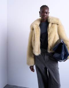 Faux fur zip thru bomber jacket in buttermilk