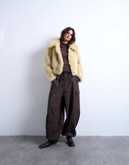 Topshop faux fur zip thru bomber jacket in buttermilk