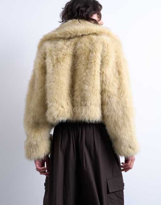 Topshop faux fur zip thru bomber jacket in buttermilk