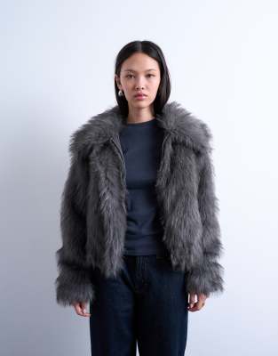 Faux fur zip thru bomber jacket in grey Topshop