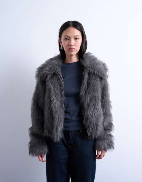 Topshop faux fur zip thru bomber jacket in grey - view 1