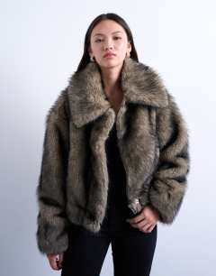 Faux fur zip thru bomber jacket in natural