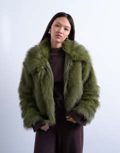 Faux fur zip thru bomber jacket in olive