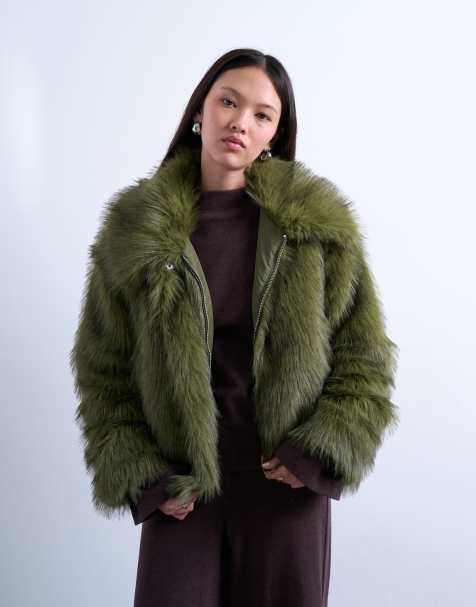 Topshop faux fur zip thru bomber jacket in olive