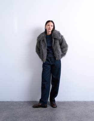 Topshop Faux Fur Zip Up Bomber Jacket In Gray