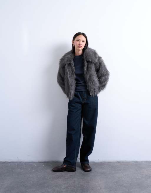 Topshop faux fur zip up bomber jacket in gray