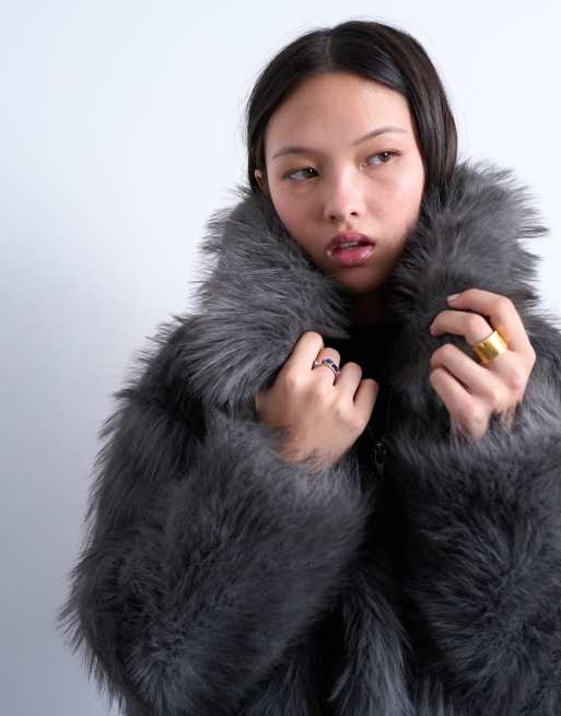 Topshop faux fur zip up bomber jacket in gray