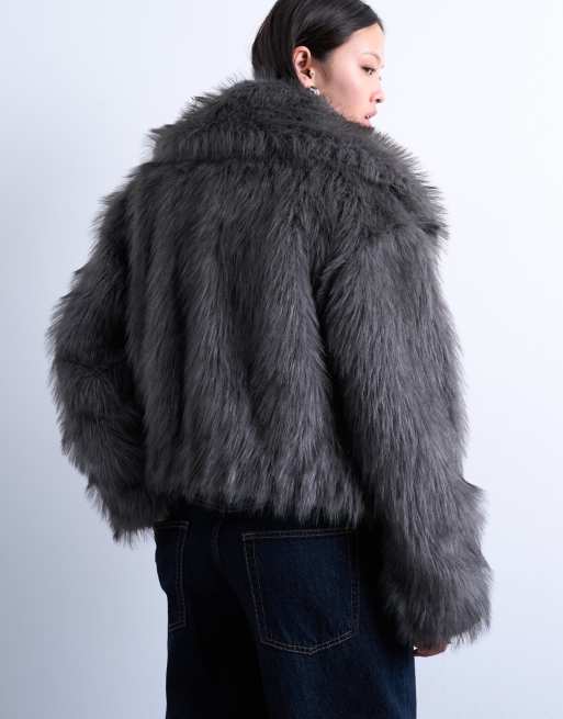 Topshop faux fur zip up bomber jacket in gray