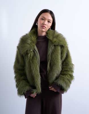 Topshop Faux Fur Zip Up Bomber Jacket In Green