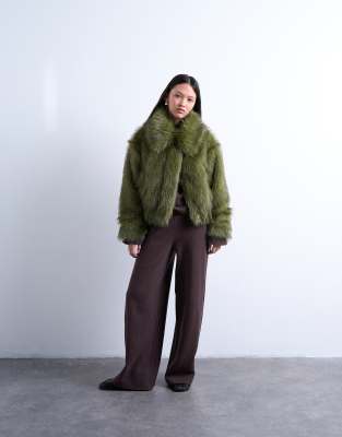 Topshop Faux Fur Zip Up Bomber Jacket In Green