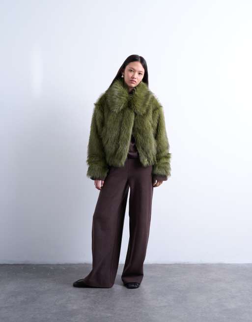 Topshop faux fur zip up bomber jacket in olive