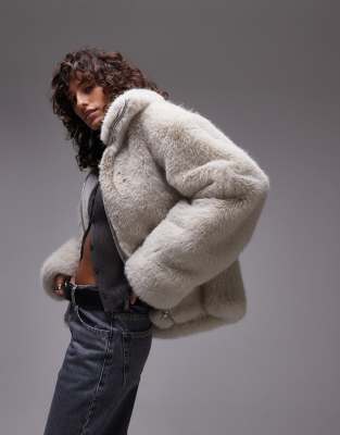 faux fur zip up short coat with funnel neck in tipped white