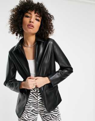 Topshop faux leather 90s zip through jacket in black