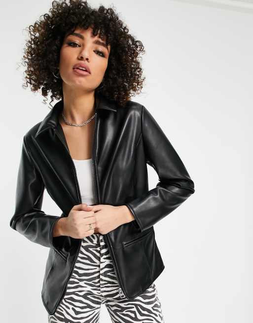 Topshop faux leather 90s zip through jacket in black