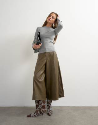 Topshop Faux Leather A Line Culotte Pants In Black