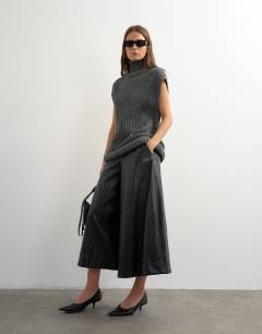 Faux leather a line culotte trousers in black