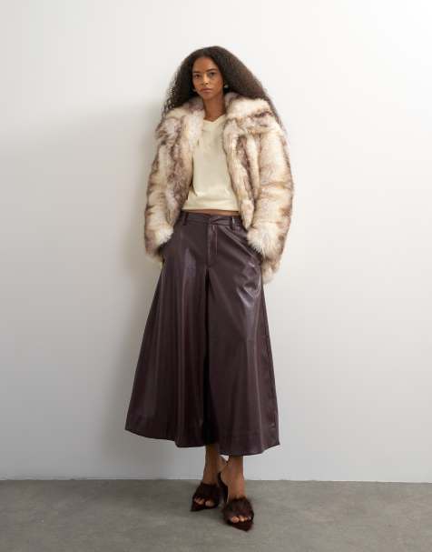 Topshop faux leather a line culotte trousers in burgundy - view 1
