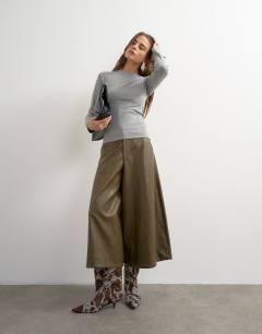 Faux leather a line culotte trousers in khaki
