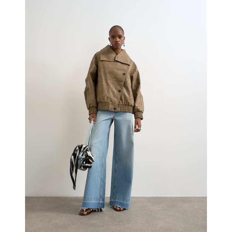 Topshop faux leather asymmetric oversized bomber jacket with