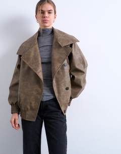 Faux leather asymmetric oversized bomber with funnel neck in washed brown 