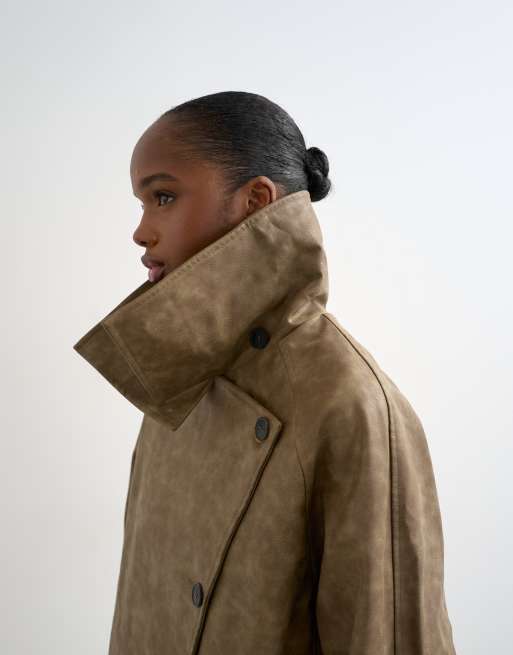 Topshop faux leather asymmetric oversized bomber with funnel neck in washed brown , 2 of 4