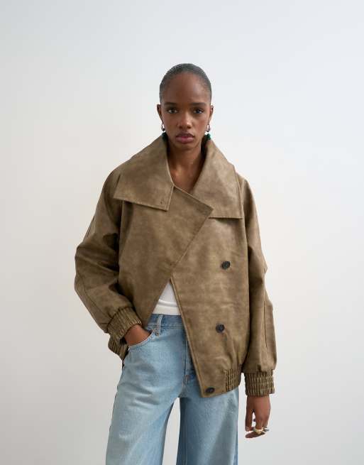 Topshop faux leather asymmetric oversized bomber with funnel neck in washed brown , 3 of 4