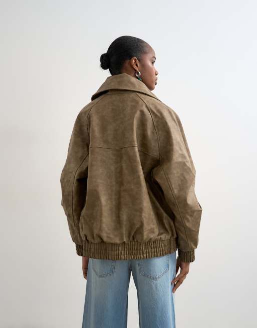 Topshop faux leather asymmetric oversized bomber with funnel neck in washed brown , 4 of 4