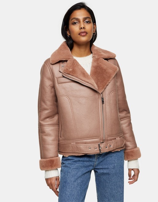 Topshop faux leather aviator jacket in dusty pink