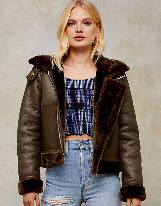 Topshop faux leather aviator jacket in olive | ASOS