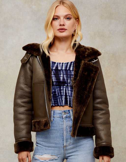 Topshop faux leather aviator jacket in olive | ASOS