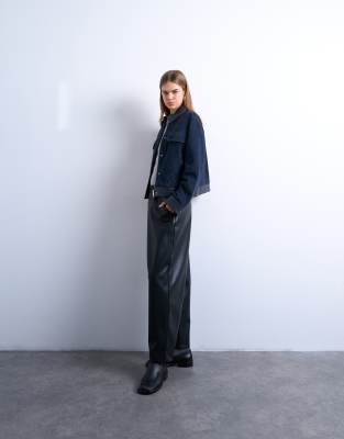 Topshop Faux Leather Awkward Length Pull On Pants In Blue