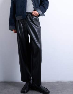 Topshop Faux Leather Awkward Length Pull On Pants In Blue